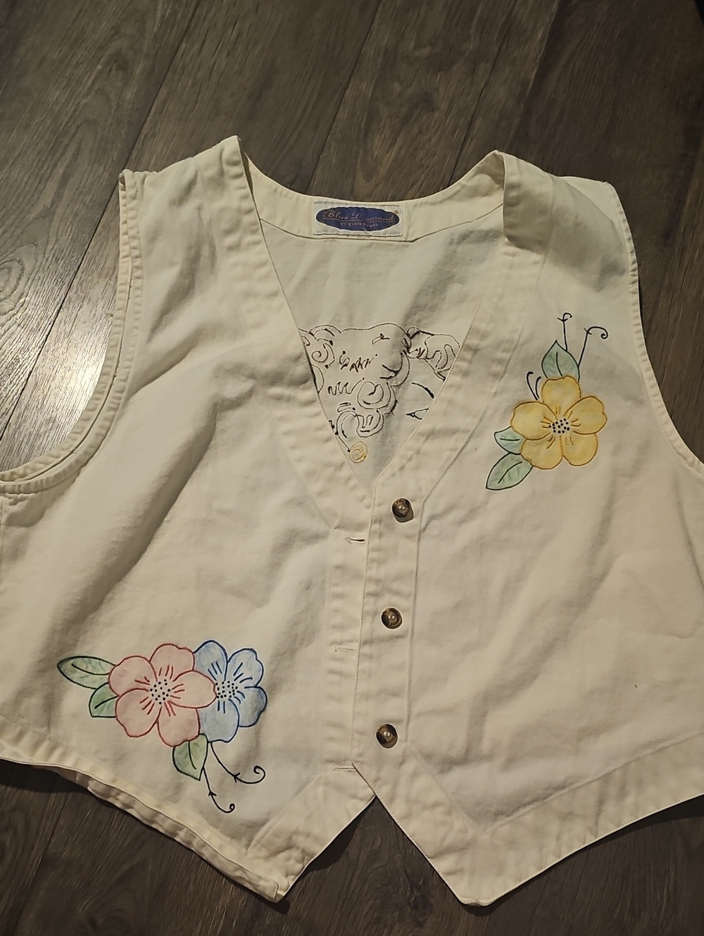 Vintage Vest Floral Face Woman Cream Floral Embroidered Button  Xlarge Boho